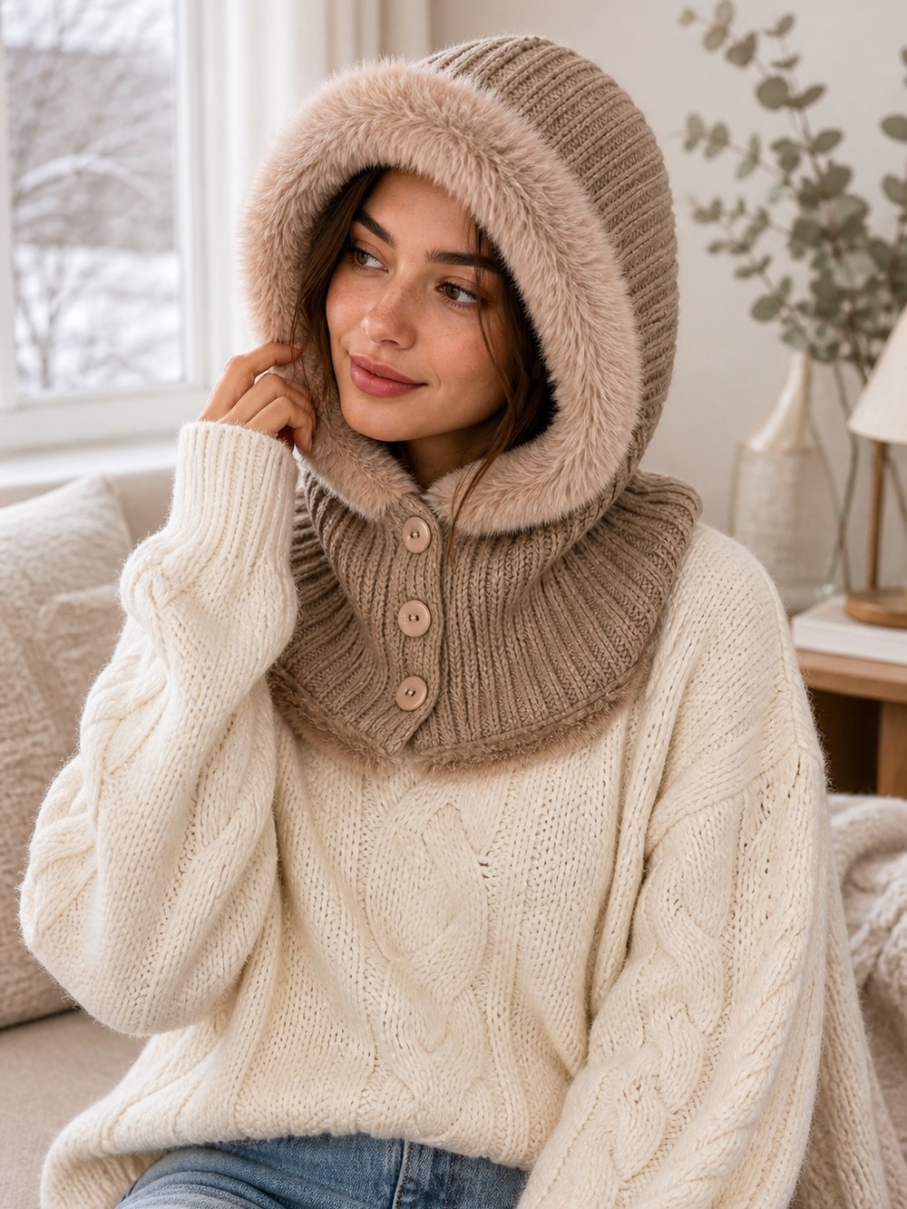 🤎 Cozy Faux Fur Knit Hood Hat‎ Pom Pom Warm Neutral Aesthetic Chic Style